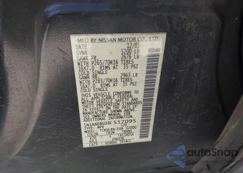 2006 Nissan Xterra S из США, поврежденный, VIN 5N1AN08U16C517095